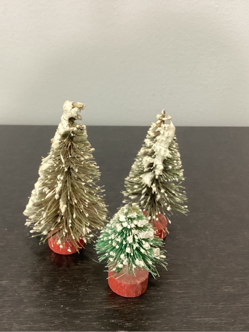 Vtg. Trio of Flocked Bottle Brush Christmas trees three varying sizes. Commonly
